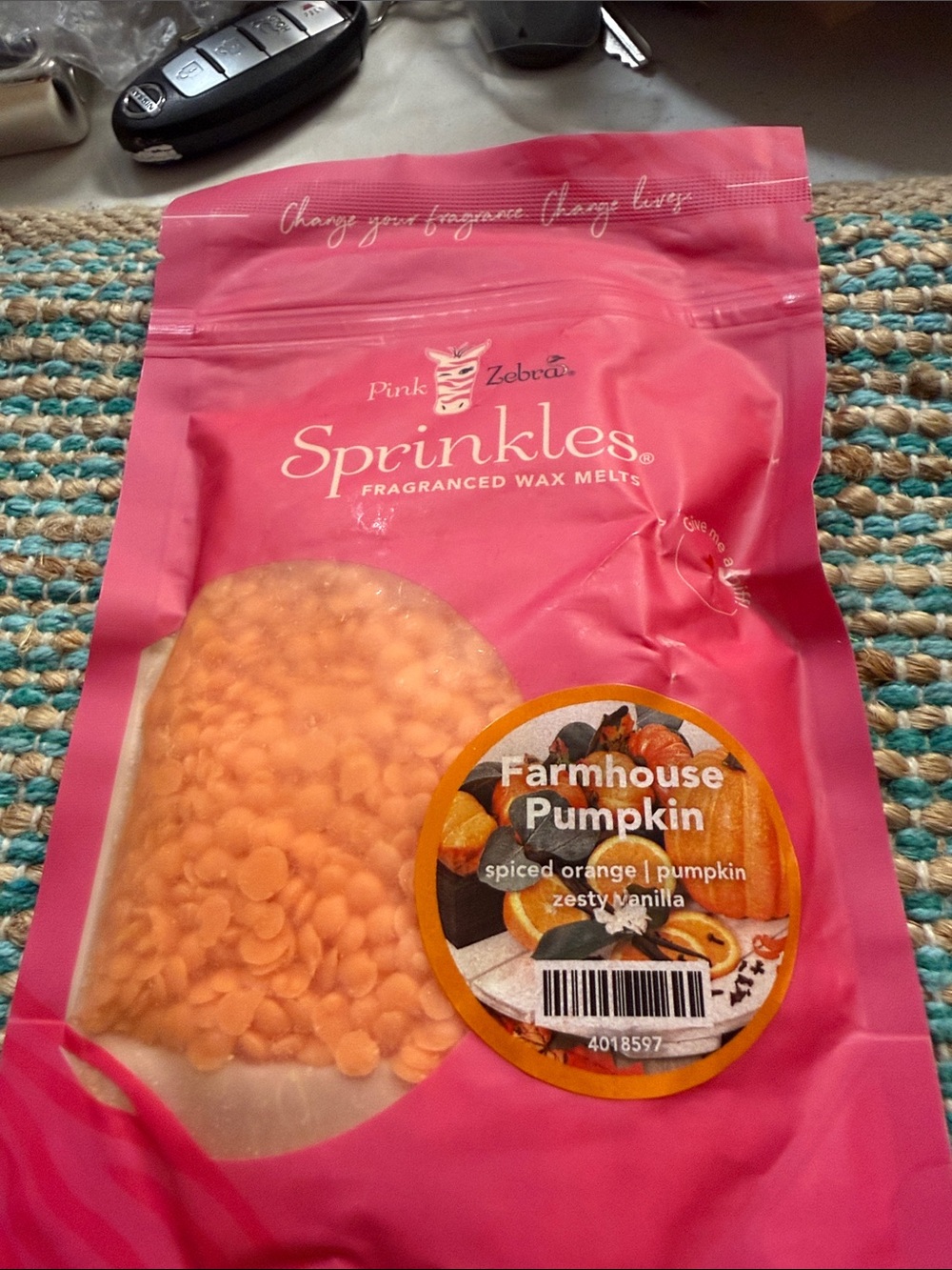 Pink Zebra Sprinkles Fragranced Wax Melts - Orange and Pink Packaging